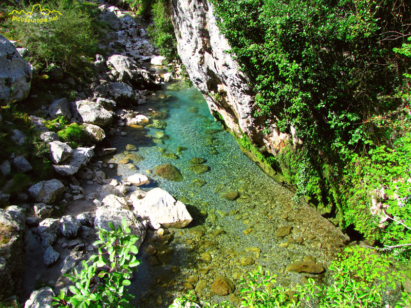 Foto: El ro Cares bajo el puente de piedra que da acceso a la canal de Tejo para subir a Bulnes, Picos de Europa.