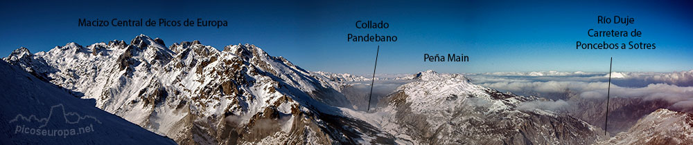 Ubicación de Peña Main frente al Macizo Central de Picos de Europa y justo sobre el Collado de Pandébano