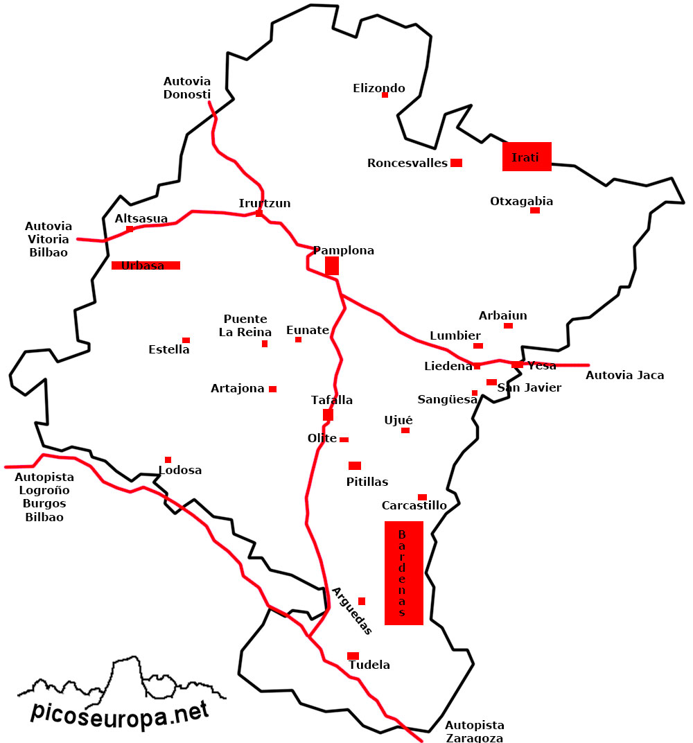 Plano de Navarra con la situación de Otsagabia - Ochagabia