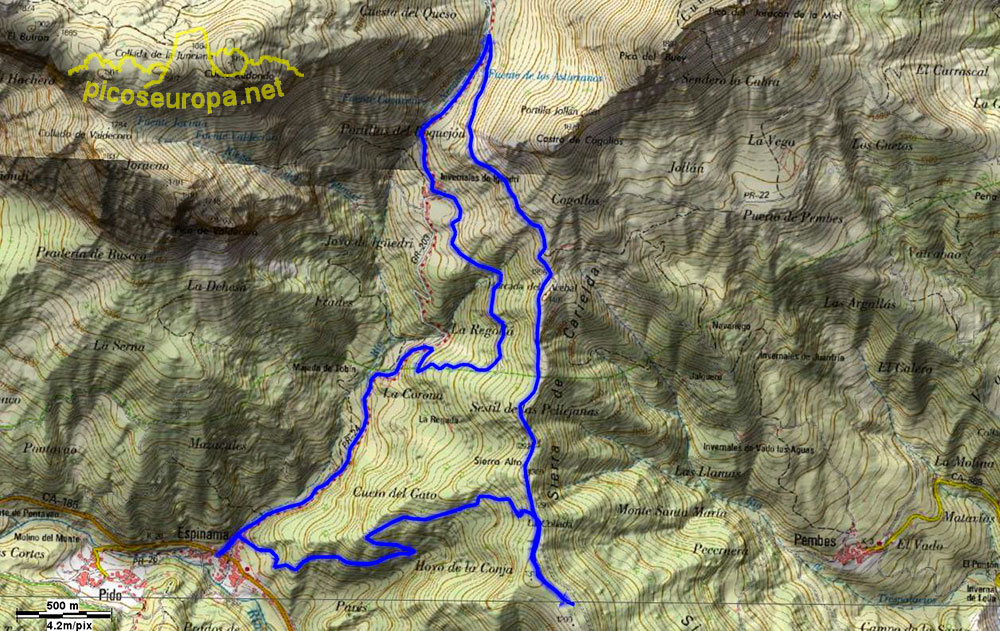 Mapa de la Ruta Espinama, Sierra de Carielda, Horcada del Acebal, Portilla del Boquerón, Invernales de Igüedri, La Rebolla y Espinama, La Liebana, Cantabria