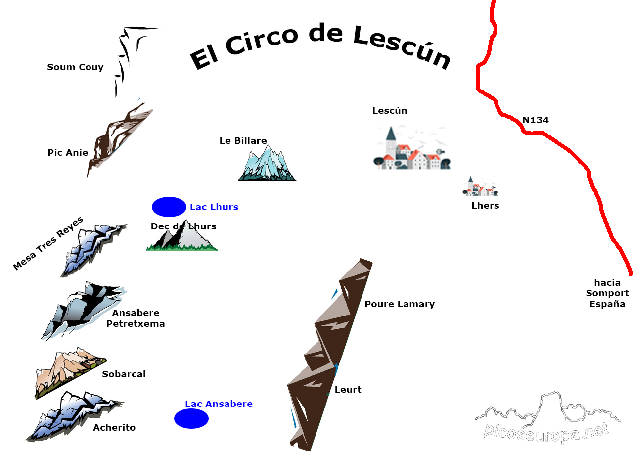 Mapa del Circo de Lescún, Pirineos, Francia