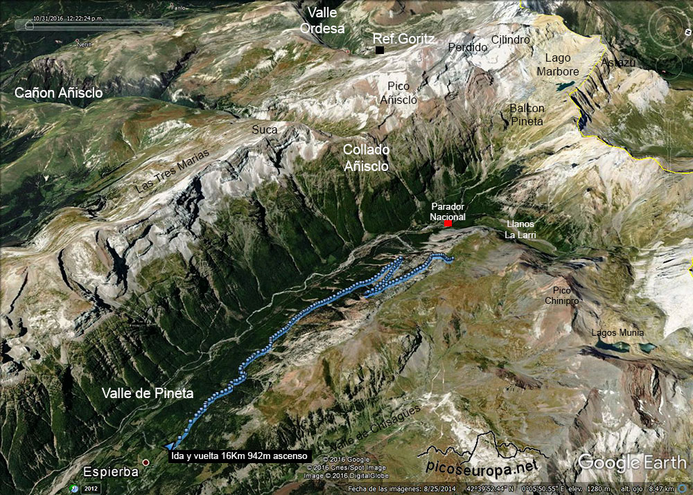 Mapa de la ruta de Espierba a La Estiva, Valle de Pineta, Parque Nacional de Ordesa y Monte Perdido